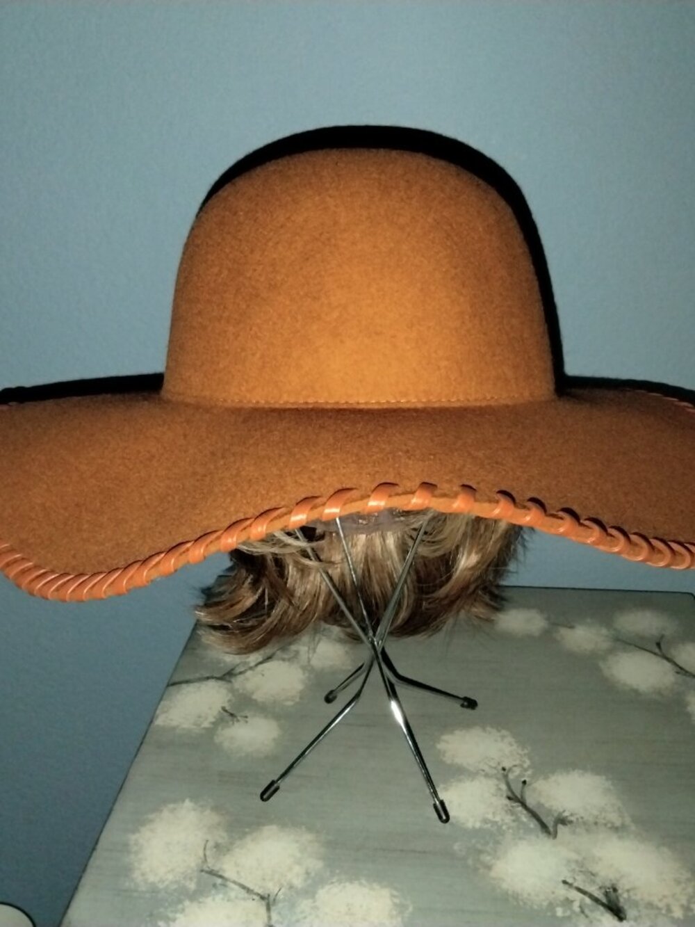 Wide Brim Hat, Cognac Wool with Faux Leather Trim by Phase 3, Boho Chic - Picture 2 of 10
